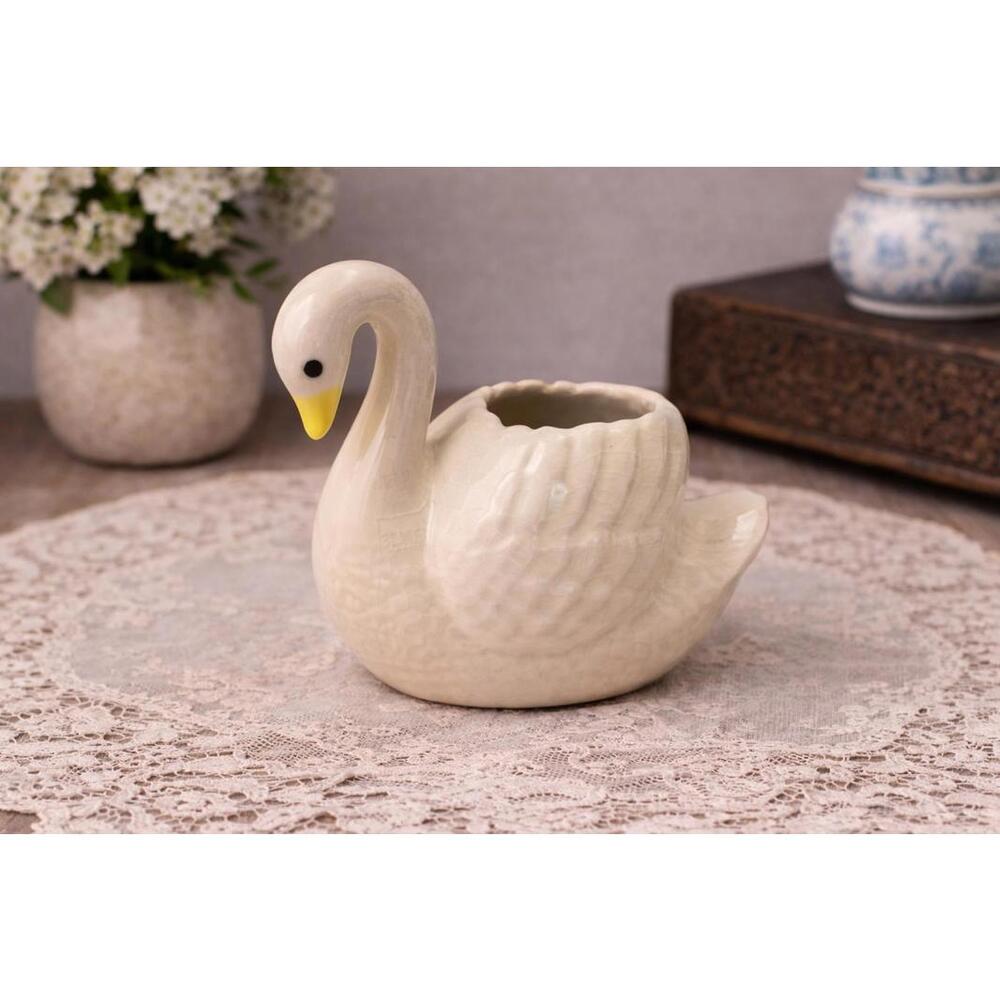 Vintage 1990 Handmade Ceramic Swan Planter LMH Signed Small Cream Crackle Glaze